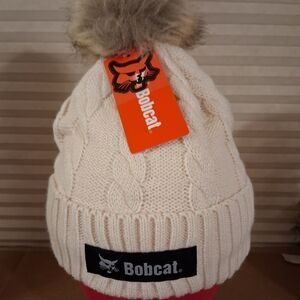 Women's Cream With Pink Undertone Cable Knit Bobcat Pom-Pom Beanie OSFM
